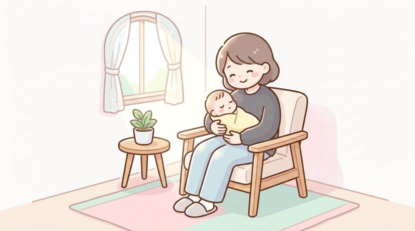 落ち着いた色の服を着た母親が赤ちゃんを抱っこしながら穏やかな表情で座っている室内の様子