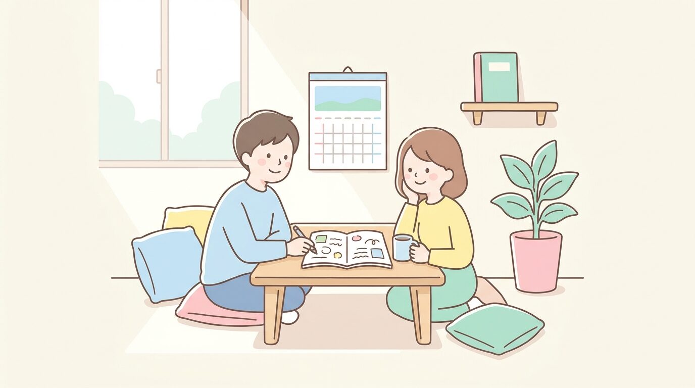 カレンダーとメモ帳を前に夫婦で相談している穏やかなリビングのシーン
