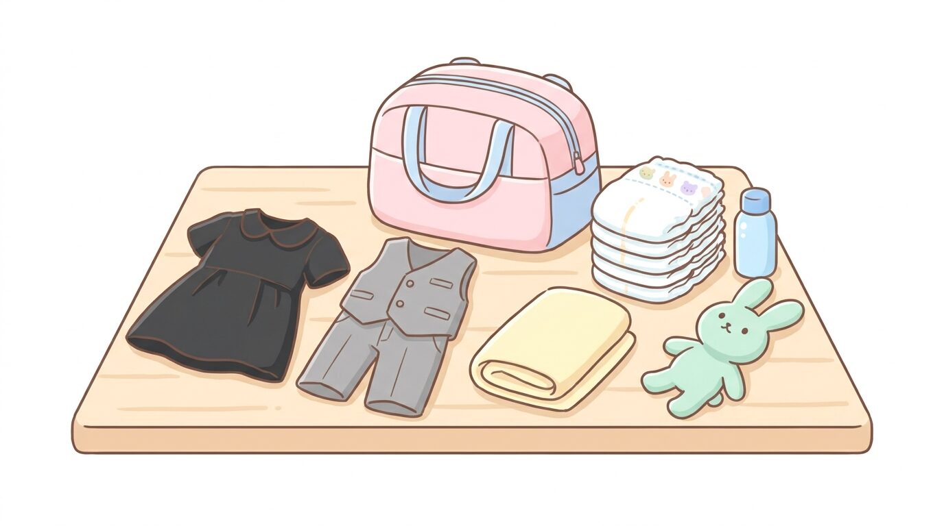 黒やグレーの落ち着いた色の子ども服とおむつや着替えなどの持ち物を並べた準備の様子