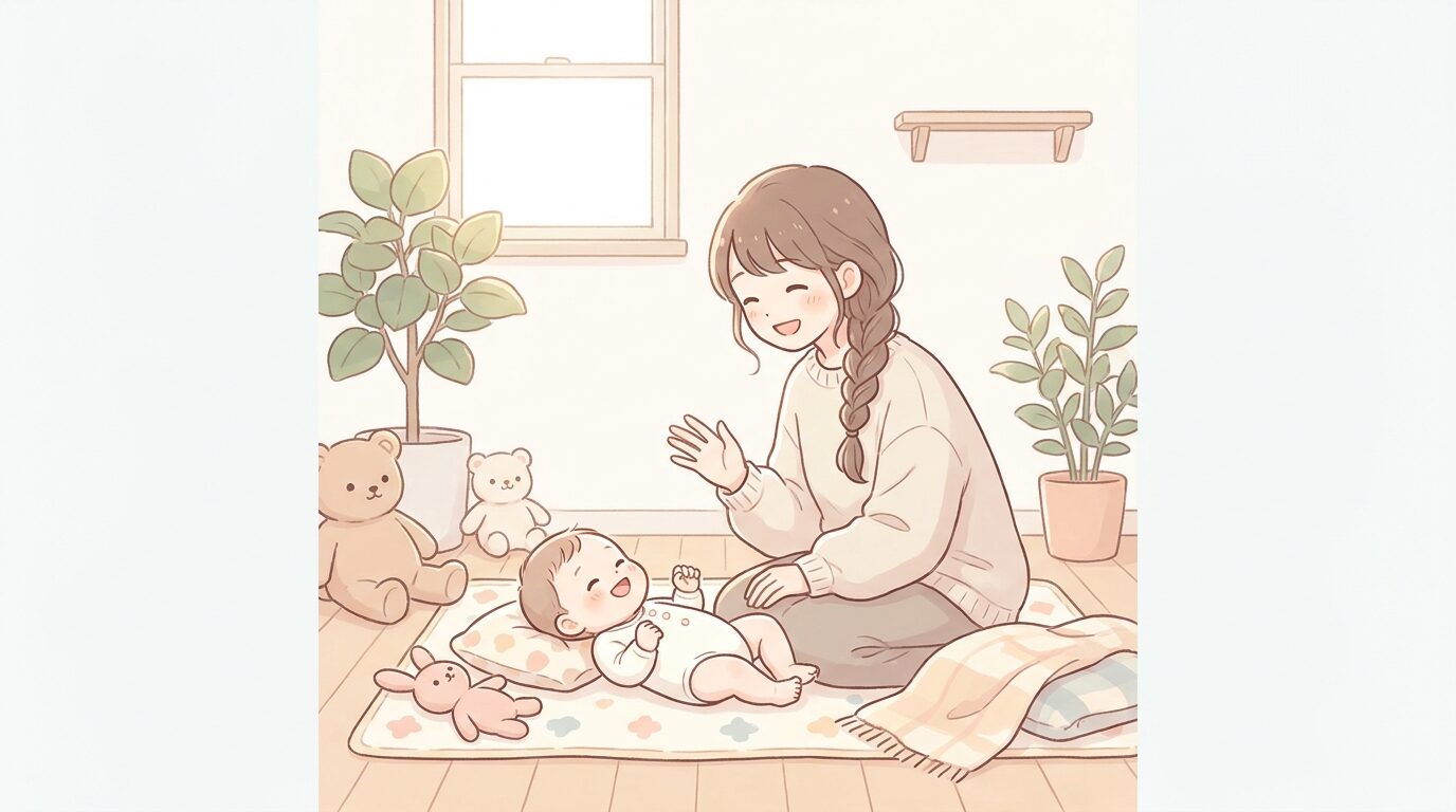 リビングの床でマットの上に寝転んだ赤ちゃんに笑顔で語りかける母親の様子