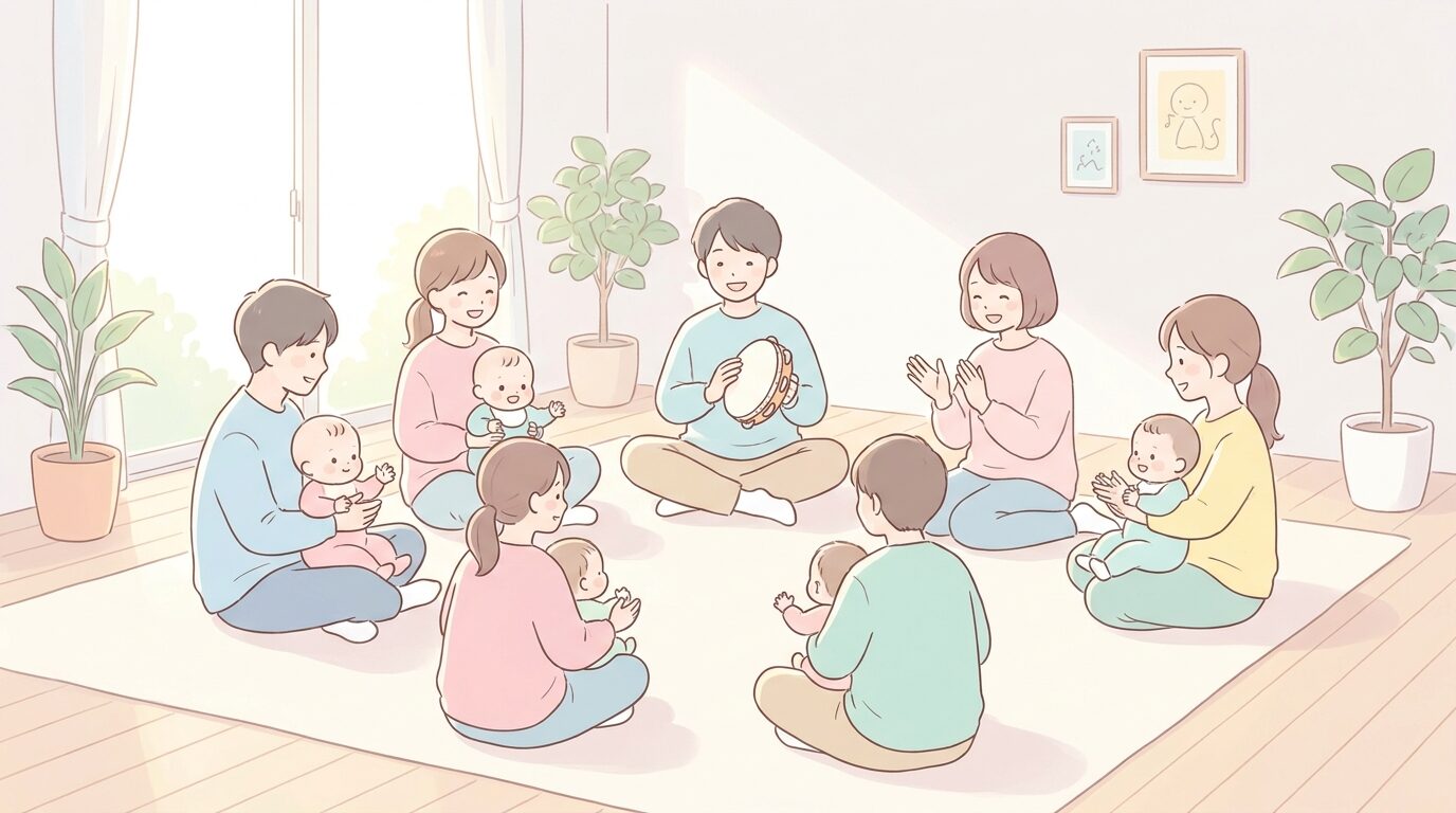 児童館のような明るい室内で、複数の親子が輪になってリトミックを楽しんでいる様子