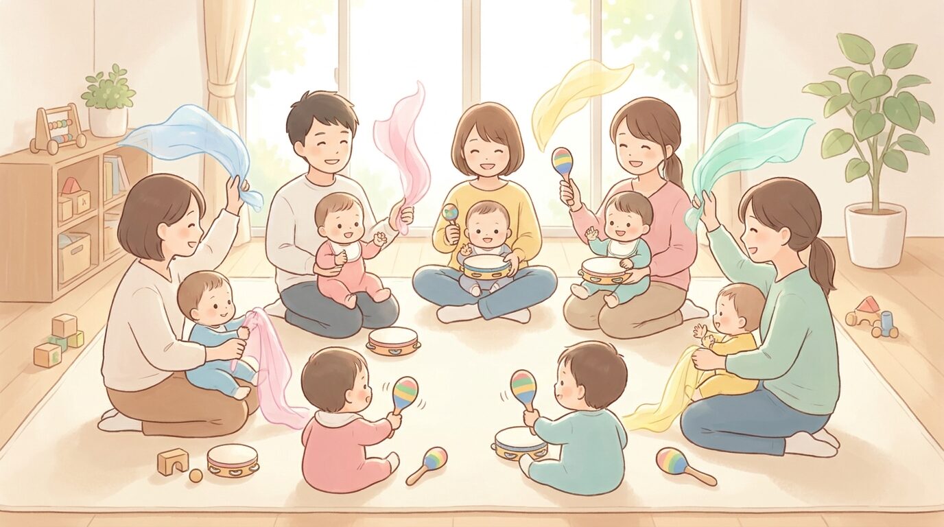 カラフルな楽器やスカーフを使って音楽に合わせて遊ぶ親子のグループレッスンの風景