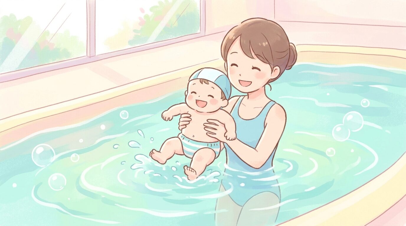 屋内プールで母親に抱っこされながら笑顔で水しぶきを上げる生後8ヶ月ほどの赤ちゃん