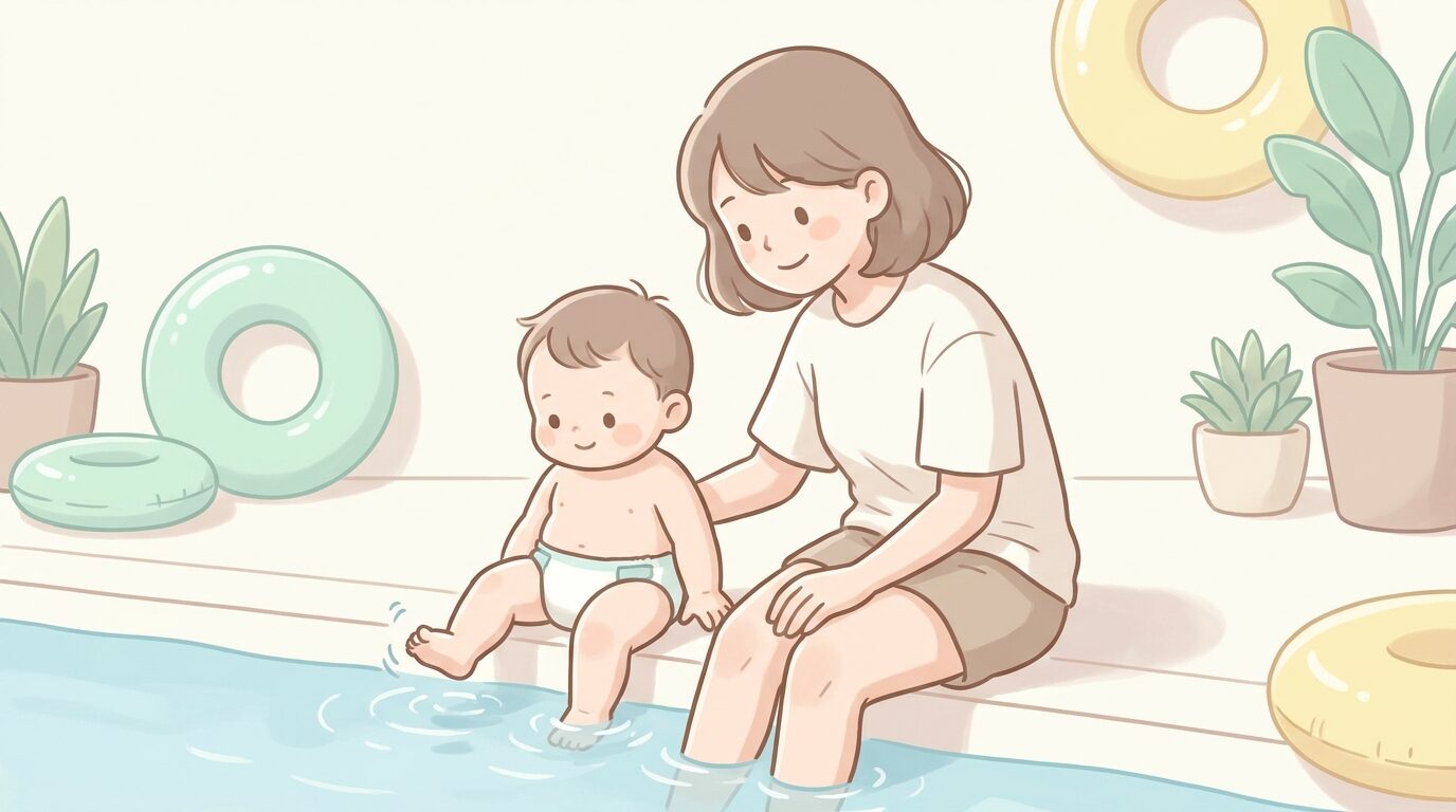 プールサイドで足だけ水につけてパチャパチャと遊ぶ1歳くらいの赤ちゃんと寄り添う母親