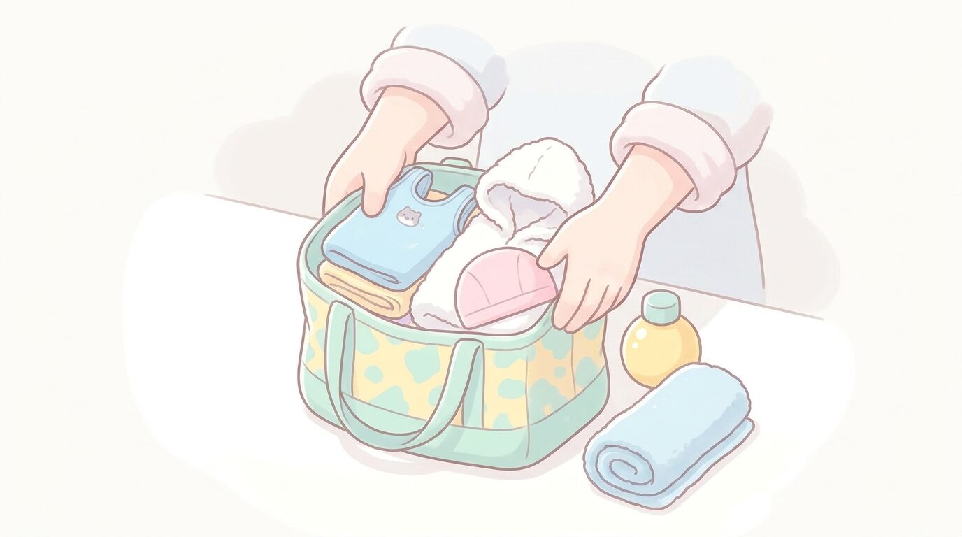 プールバッグに水着やタオルなどのベビースイミング用品を詰めている母親の手元