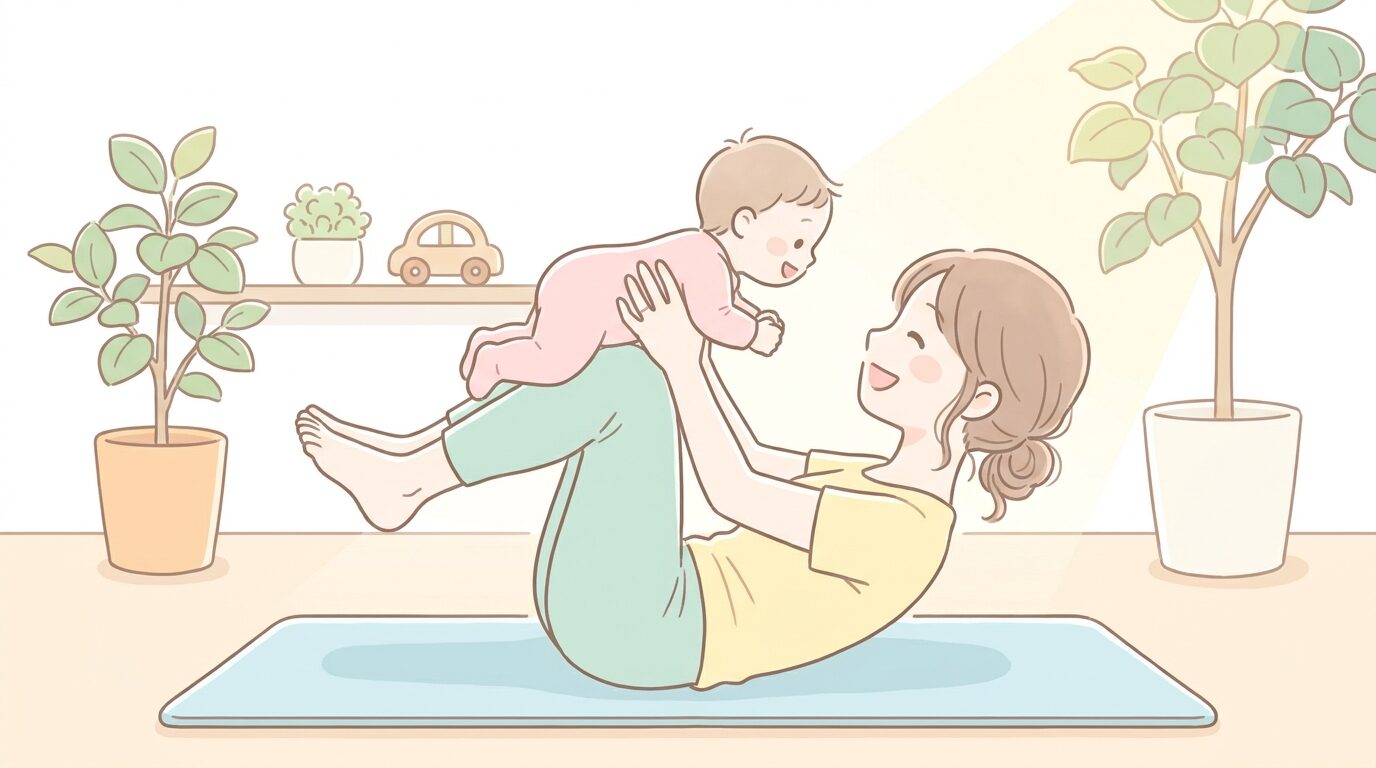リビングのヨガマットの上で笑顔の母親が赤ちゃんと向き合ってポーズをとっている明るい室内シーン