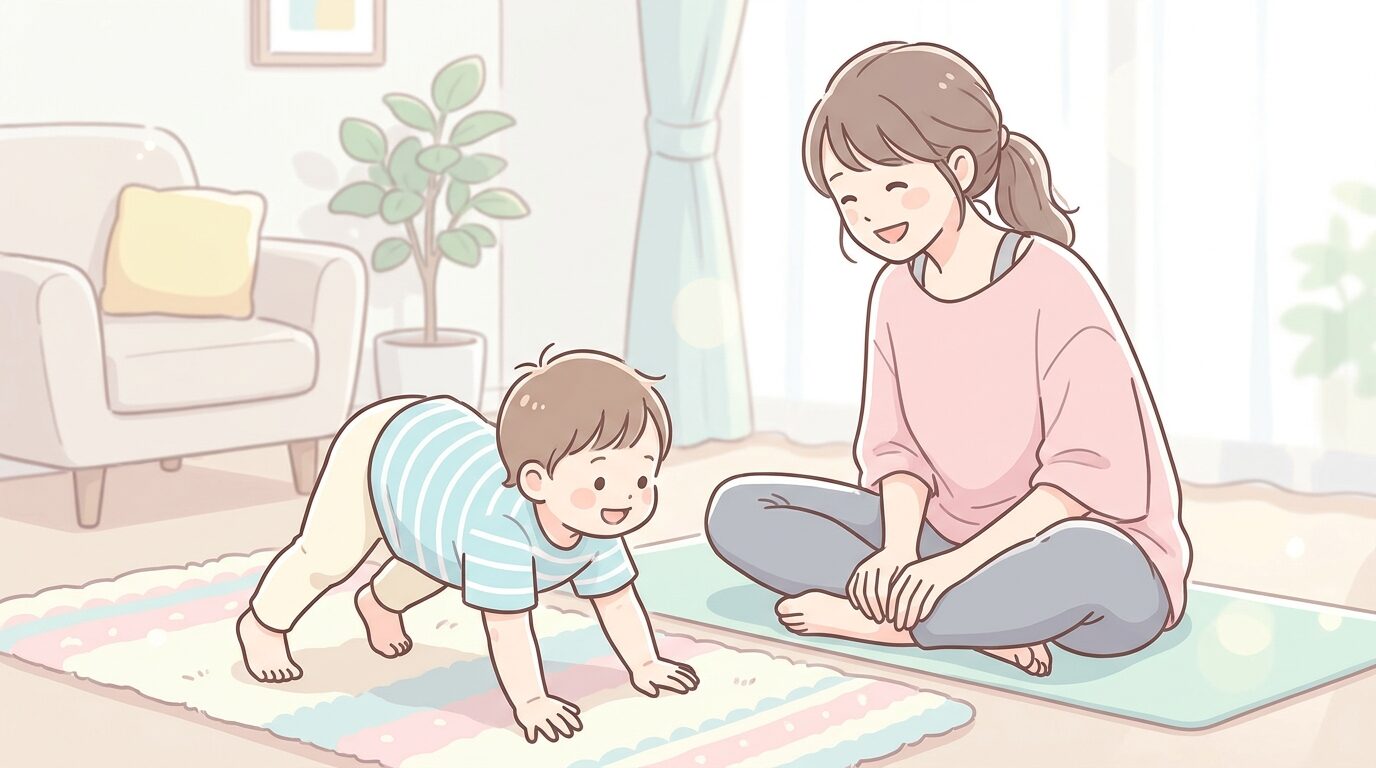 幼児が四つん這いになって犬のポーズをまねっこし、隣で母親が笑顔で見守っている家庭でのシーン