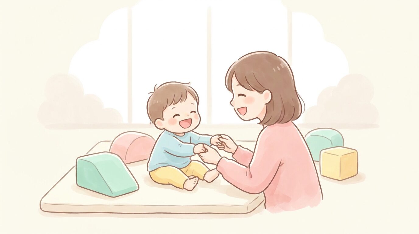 マットの上でママと笑顔で体操を楽しむよちよち歩きの赤ちゃん、明るいスタジオ