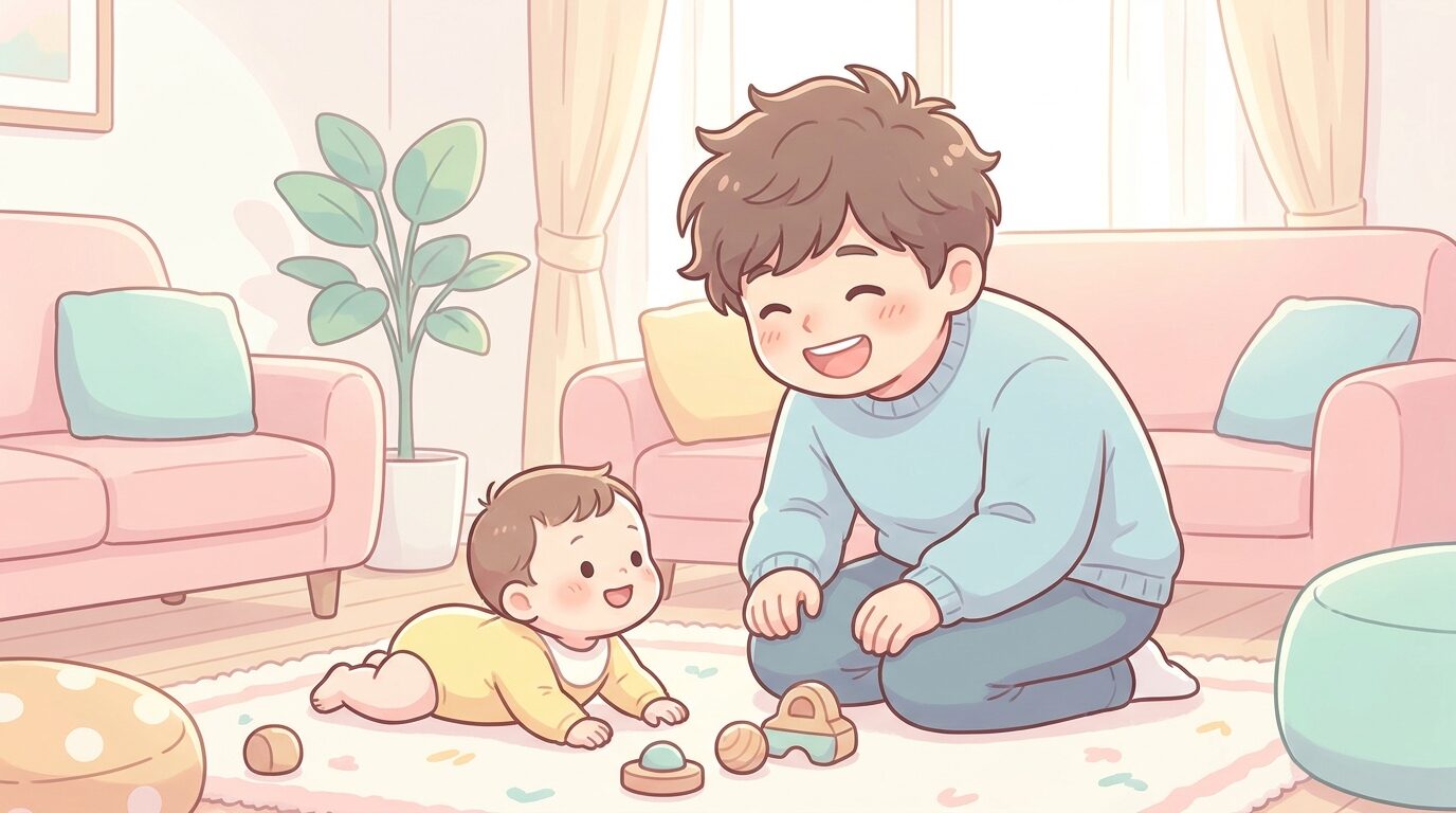 リビングでうつ伏せの赤ちゃんの前で笑いかけるパパ、温かい家庭の雰囲気