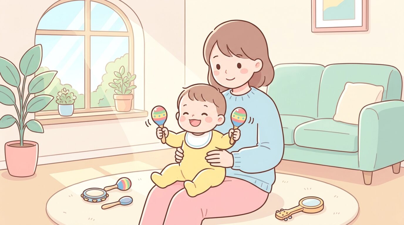 明るいリビングで母親の膝の上に座り、マラカスを振って笑顔の1歳児