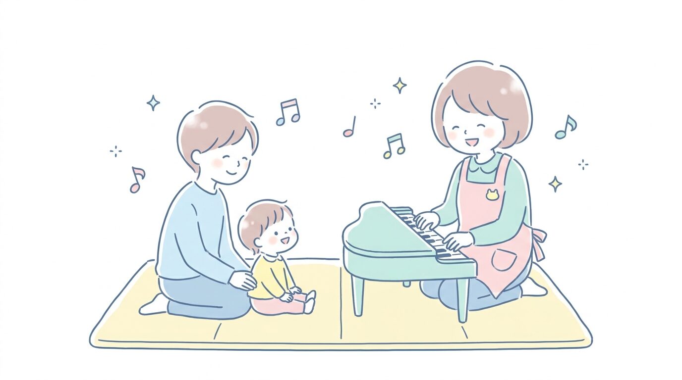 音楽教室の無料体験レッスンで先生の演奏を親子で楽しむ様子