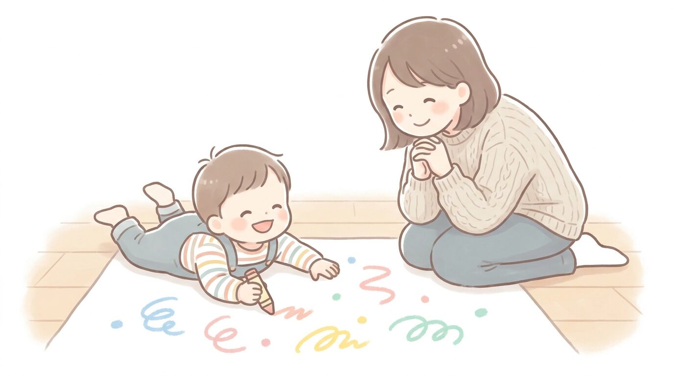 床に広げた大きな紙にクレヨンで自由にお絵描きを楽しむ2歳ごろの子どもと、笑顔で見守る母親