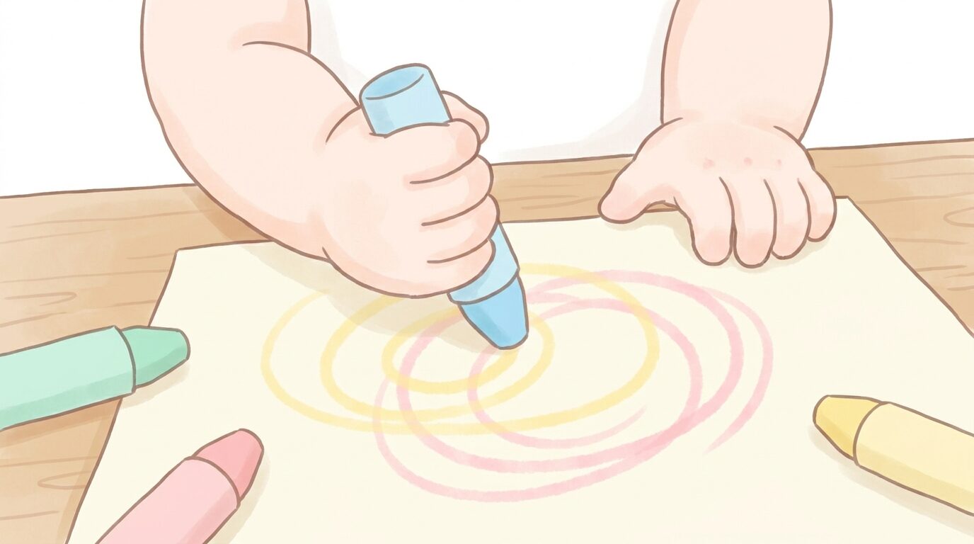 テーブルで太いクレヨンを握りしめ、紙にぐるぐると円を描いている1歳半ごろの子どもの手元のアップ