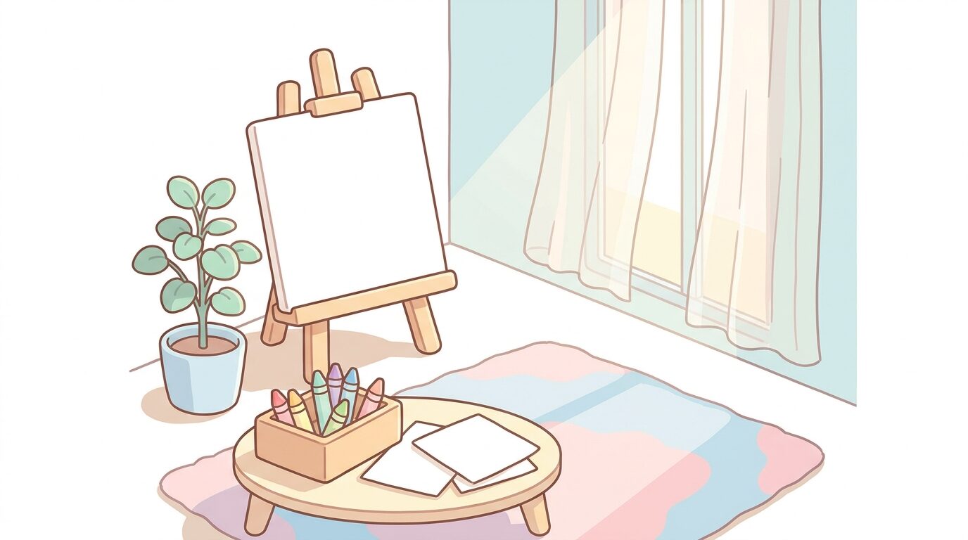 リビングの一角に設置されたイーゼルとクレヨンが並ぶ、子どもが自由にお絵描きできるおうちのお絵描きコーナー