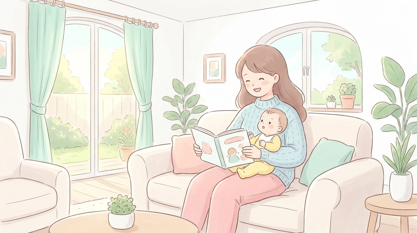 明るいリビングのソファで赤ちゃんを膝に乗せながら育児書を開いて微笑む母親