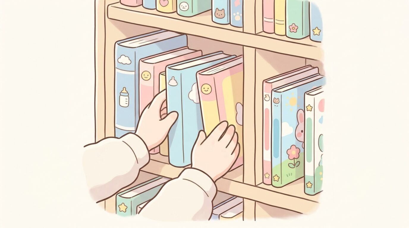 木製の本棚に並ぶさまざまな育児書とカラフルな絵本を選んでいる親の手元のクローズアップ