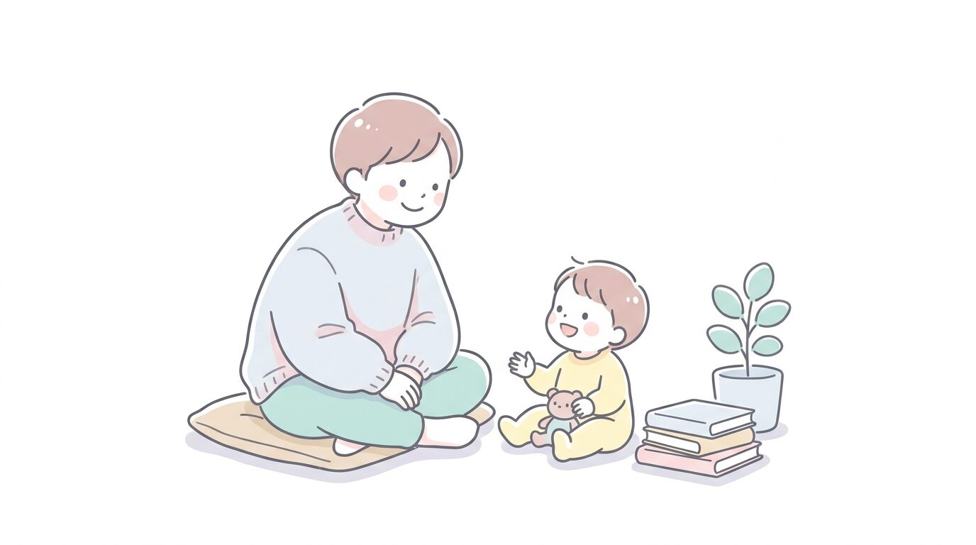 床に座って2歳くらいの子どもと向き合い笑顔で語りかけている親の温かい家庭のシーン