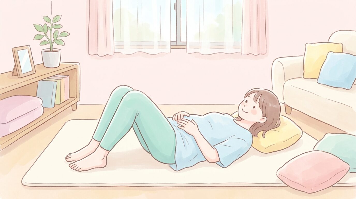 仰向けで膝を立て、お腹に手を当てながらリラックスしてエクササイズをする女性