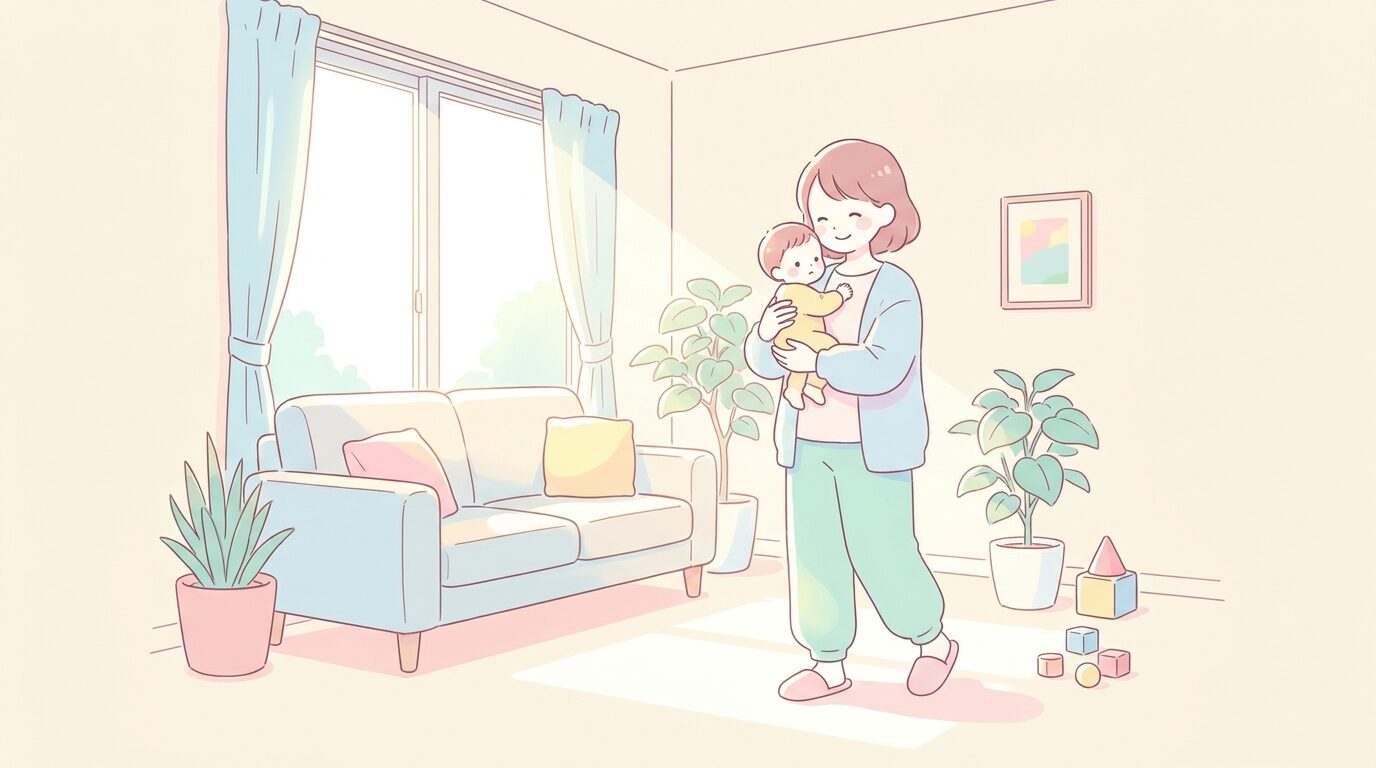 リビングで赤ちゃんを抱っこしながら笑顔で過ごす30代の母親、明るく穏やかな雰囲気