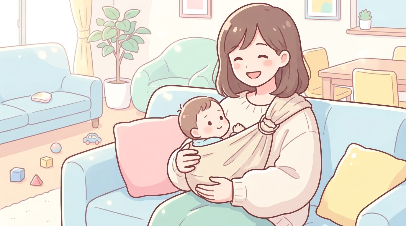 リビングで赤ちゃんを抱っこしながら微笑む30代の日本人女性、明るく温かい雰囲気