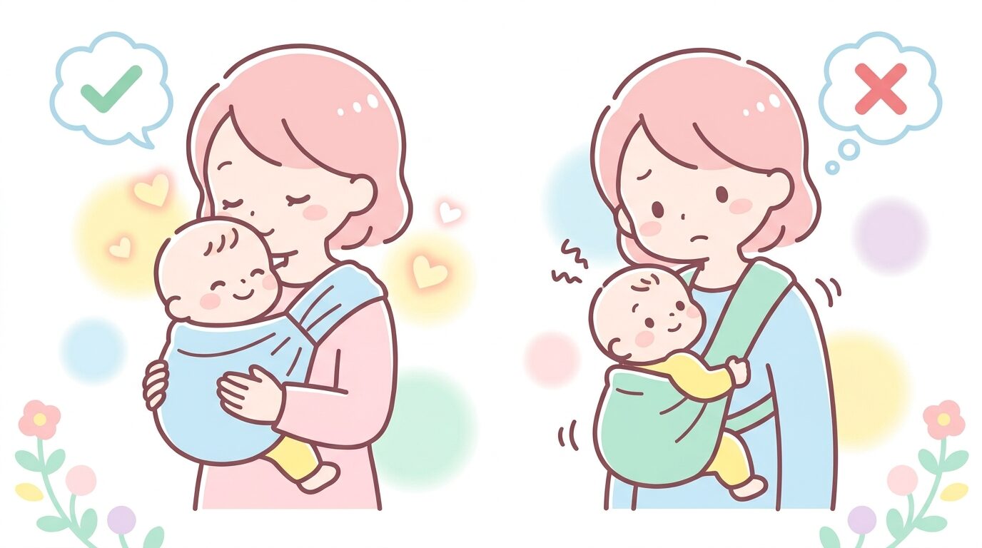 赤ちゃんを高い位置で正しく抱っこする女性と、低い位置で抱える様子を比較したイラスト風の図