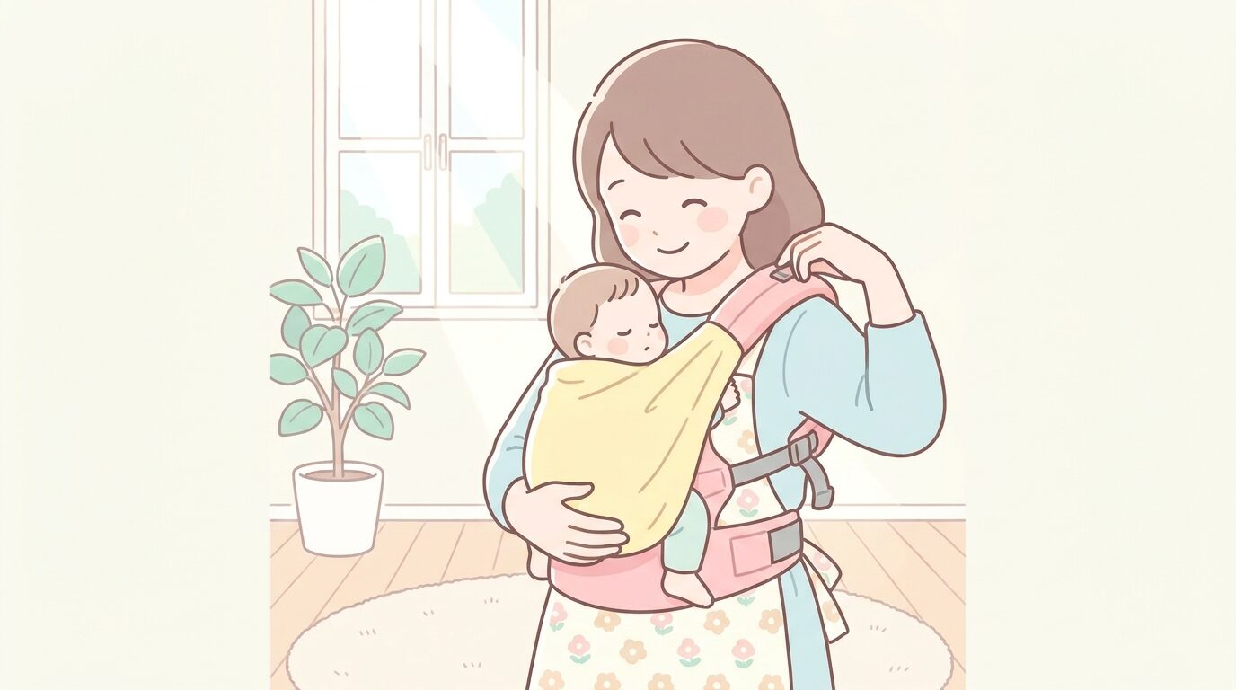 抱っこ紐のベルトの位置を確認しながら赤ちゃんを抱く母親、自然光の入る室内