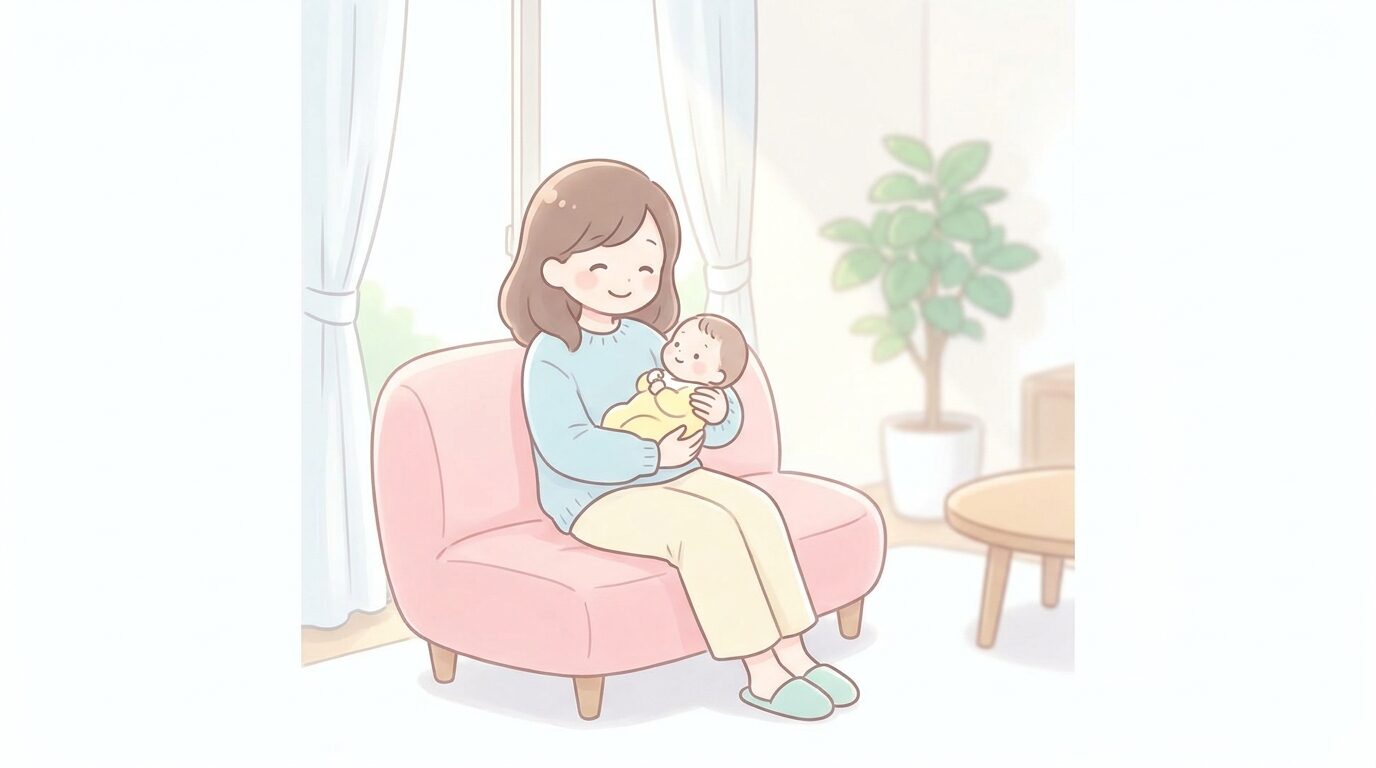 明るいリビングで赤ちゃんを抱っこしながら優しく微笑む30代のママ