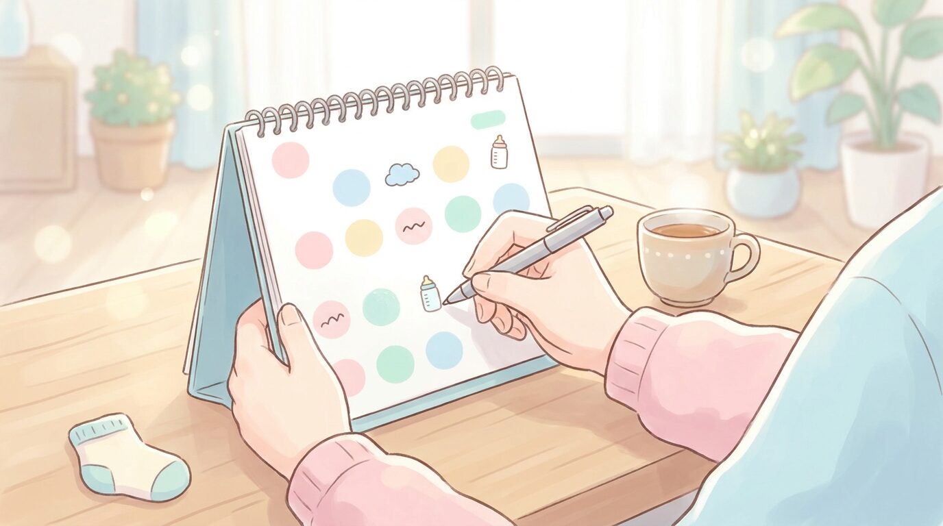 カレンダーを見ながら産後の体調の変化を書き込むママの手元