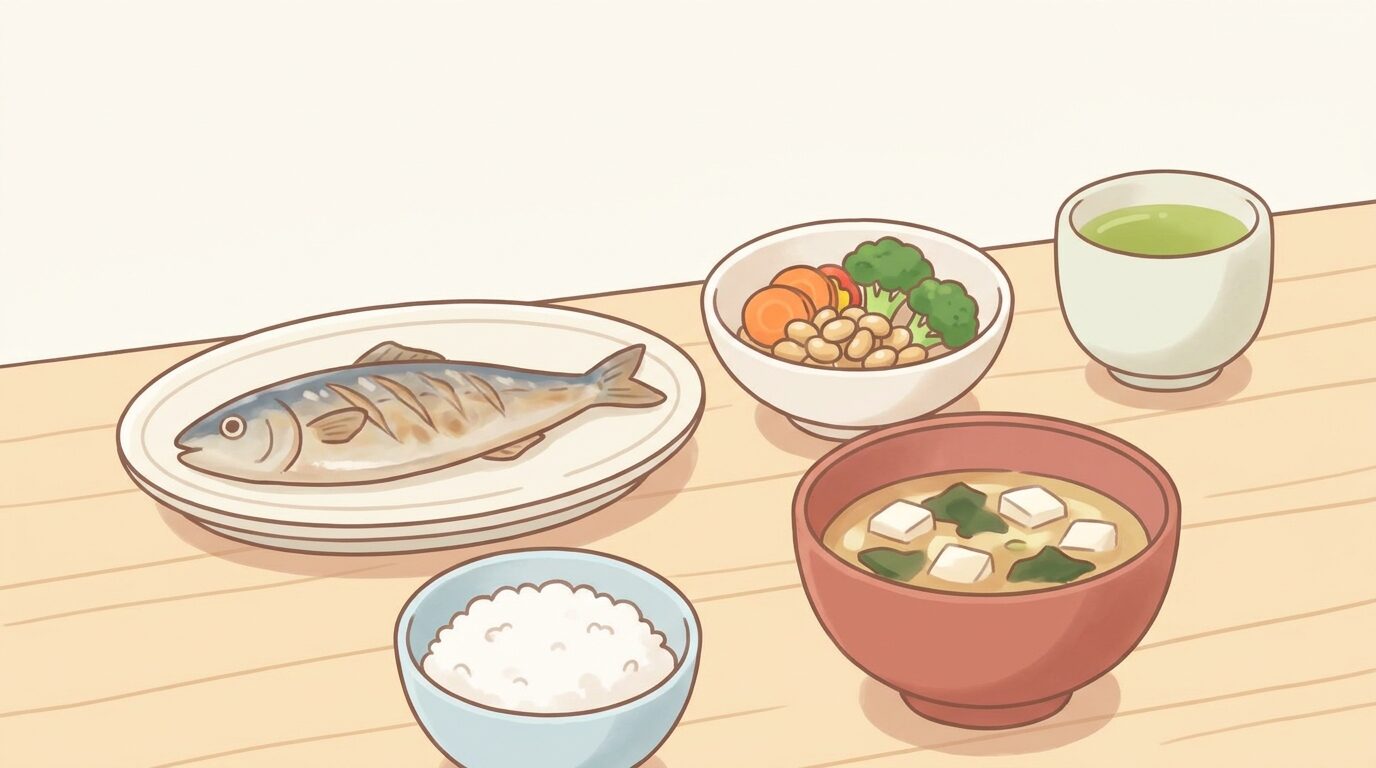 色とりどりの野菜や魚、大豆製品が並んだ栄養バランスの良い和食の食卓