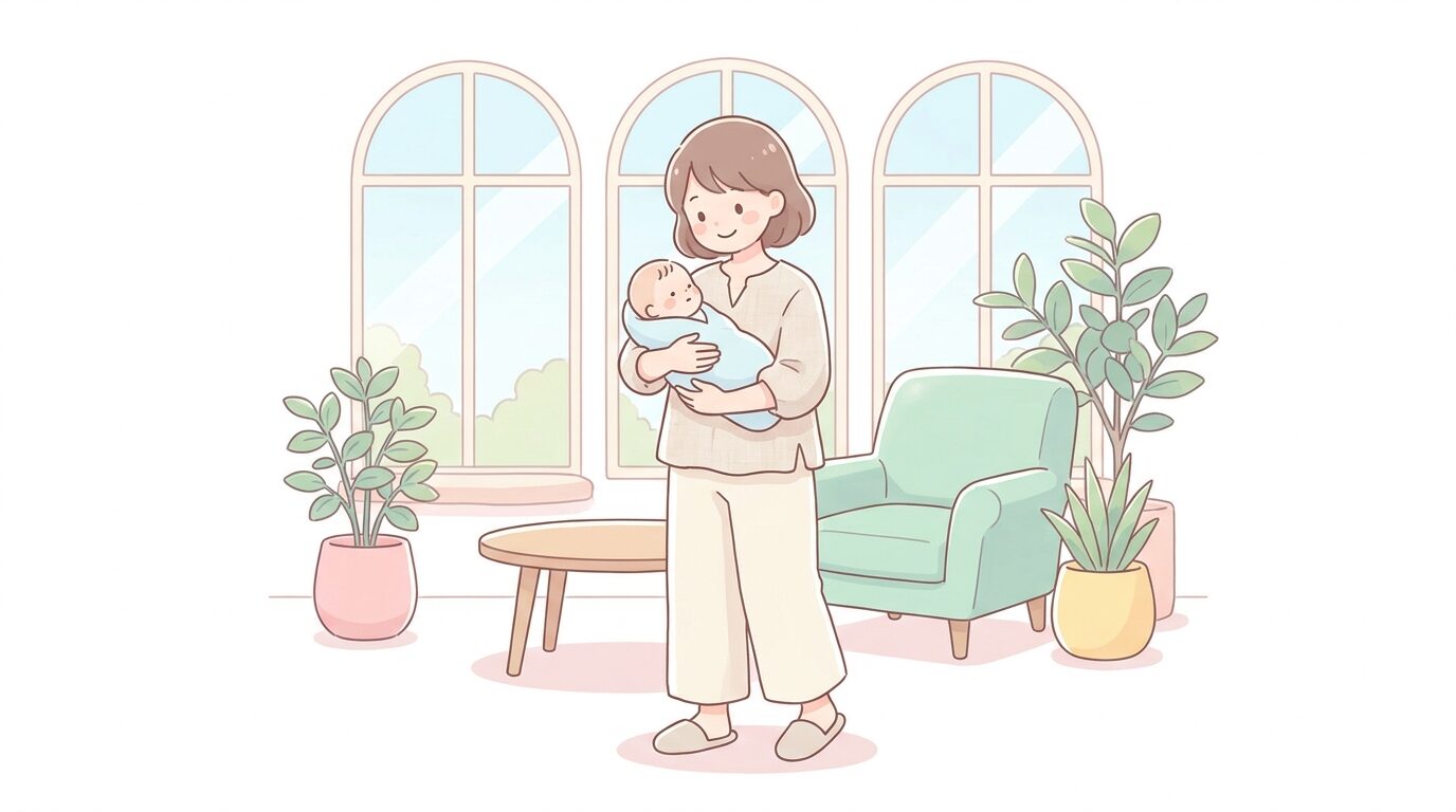 明るいリビングで赤ちゃんを抱っこしながら微笑む30代の女性、ナチュラルなカジュアルコーデ