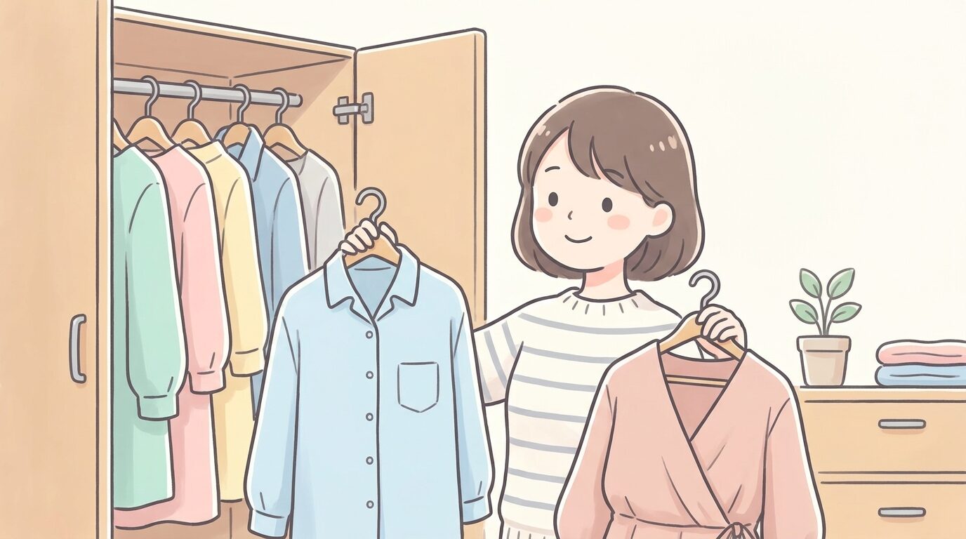 クローゼットの前で前開きシャツとカシュクールトップスを見比べる女性