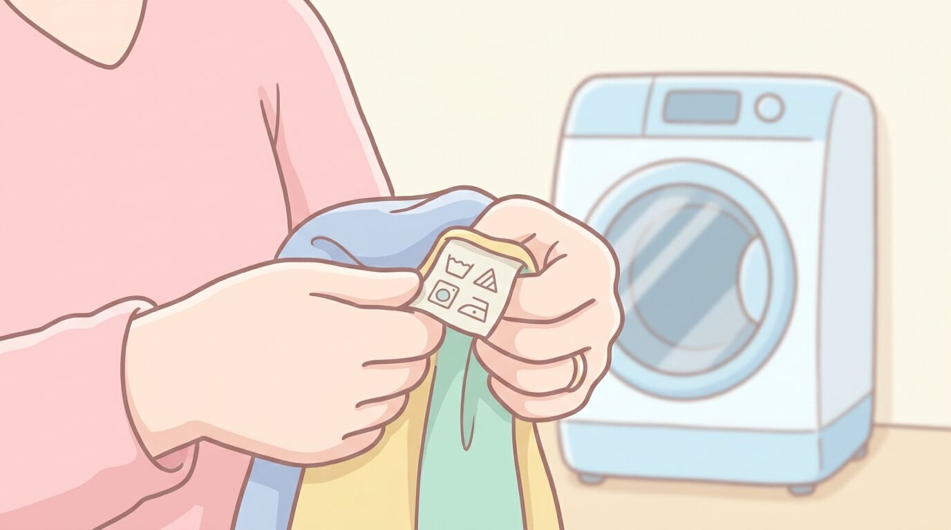 洗濯機の前で衣類の洗濯表示タグを確認する女性の手元