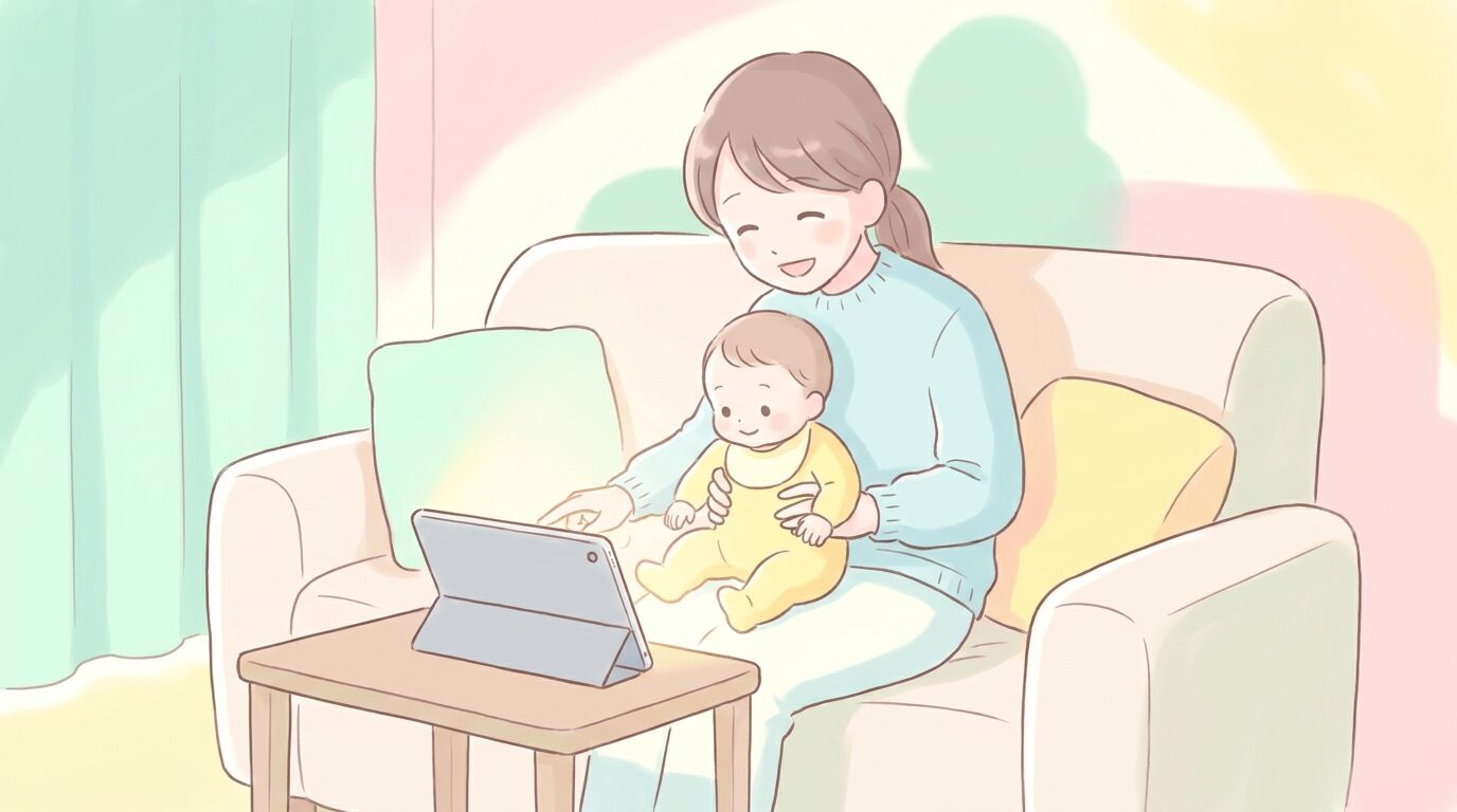 リビングのソファで赤ちゃんを膝に乗せ、タブレットで一緒に動画を見て笑っているお母さんの穏やかな様子