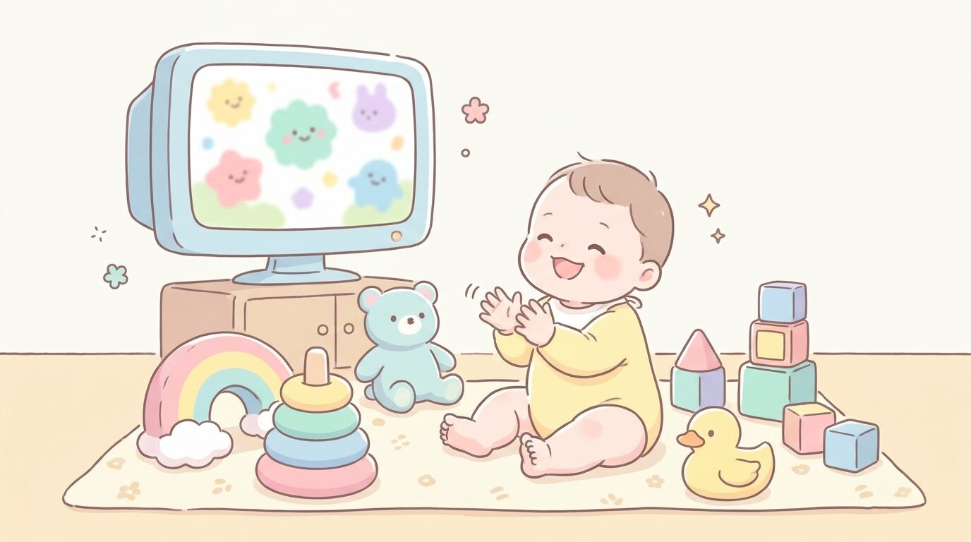 カラフルなおもちゃに囲まれた床に座り、テレビ画面を見て手をたたいて喜ぶ生後10ヶ月ほどの赤ちゃん