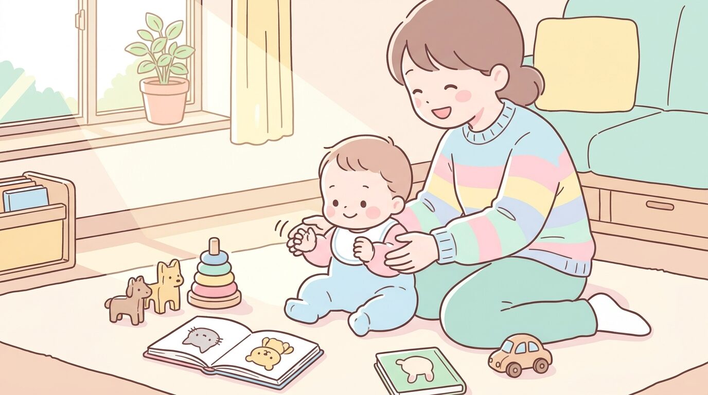 木のおもちゃと絵本が置かれた明るい子ども部屋で、英語の歌に合わせて手を動かす赤ちゃんと寄り添う親