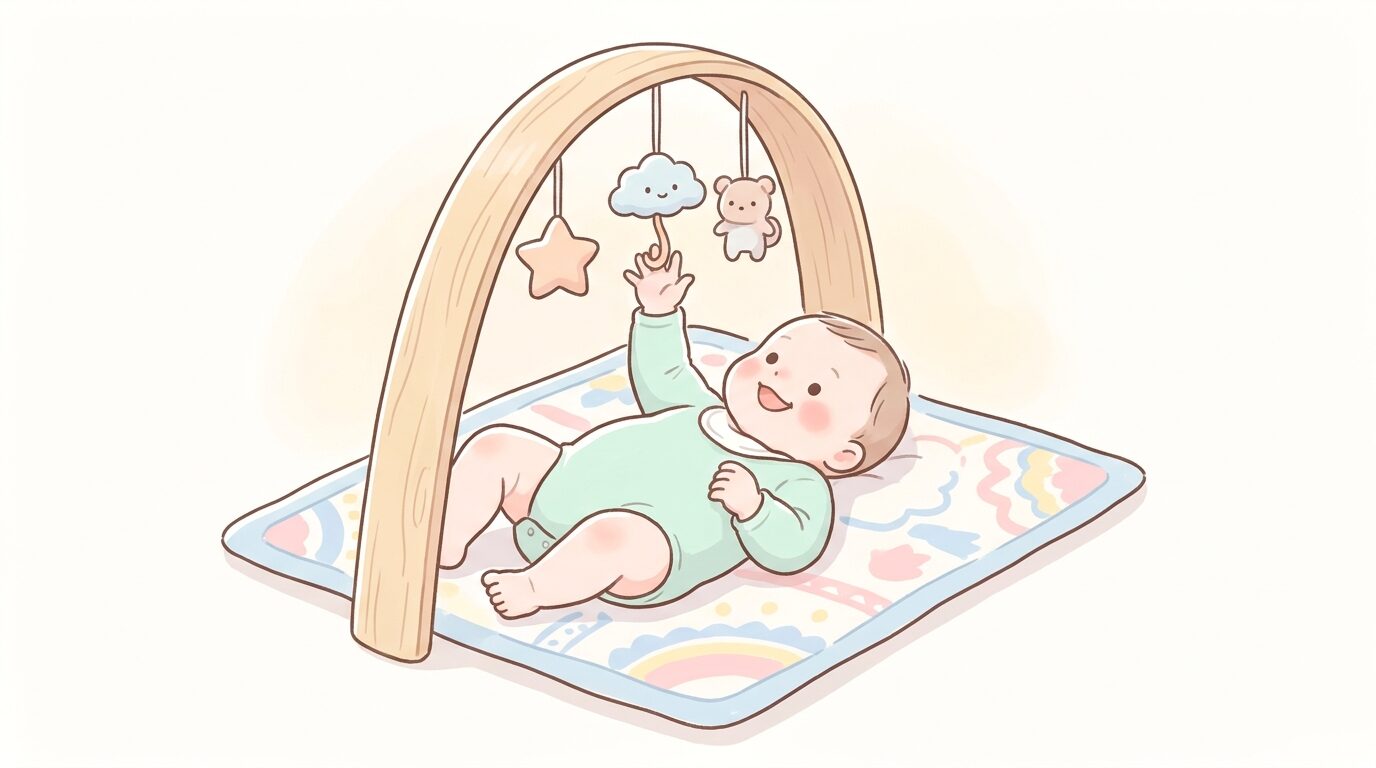 プレイマットの上で仰向けに寝転び、吊り下げおもちゃに手を伸ばしてほほえむ生後3か月ごろの赤ちゃん
