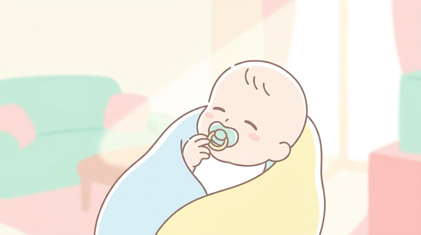 明るいリビングでおしゃぶりをくわえて安心した表情で眠る生後数ヶ月の赤ちゃんのアップ