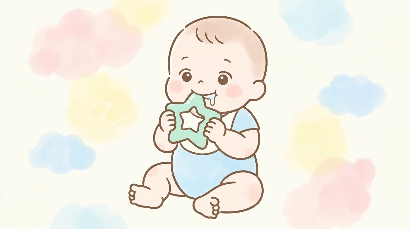 歯固めのおもちゃを両手で持ってなめている生後半年ほどの好奇心いっぱいの赤ちゃん