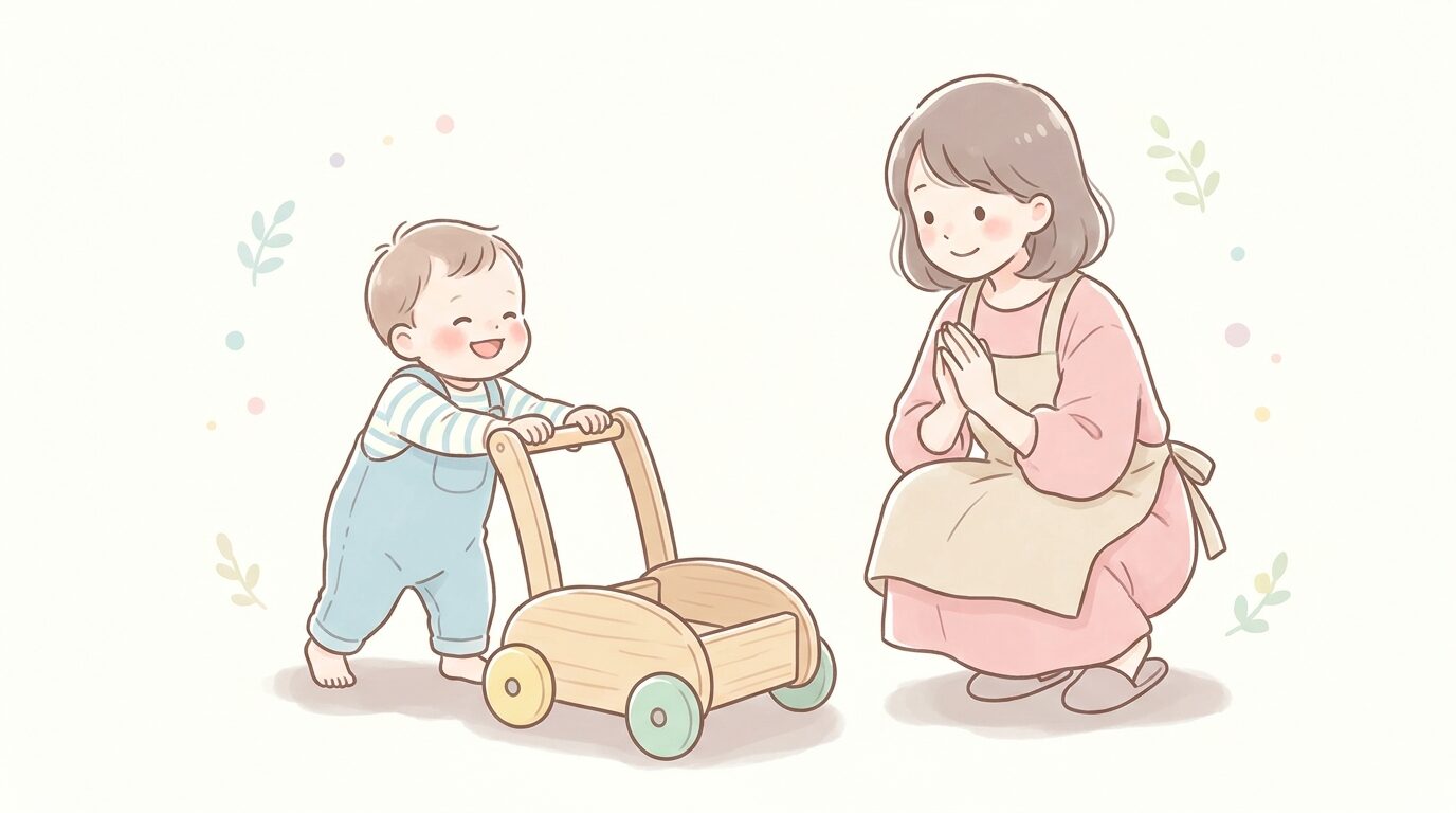 木製の手押し車につかまって笑顔で立っている生後10ヶ月ごろの赤ちゃんと、そばで見守る母親