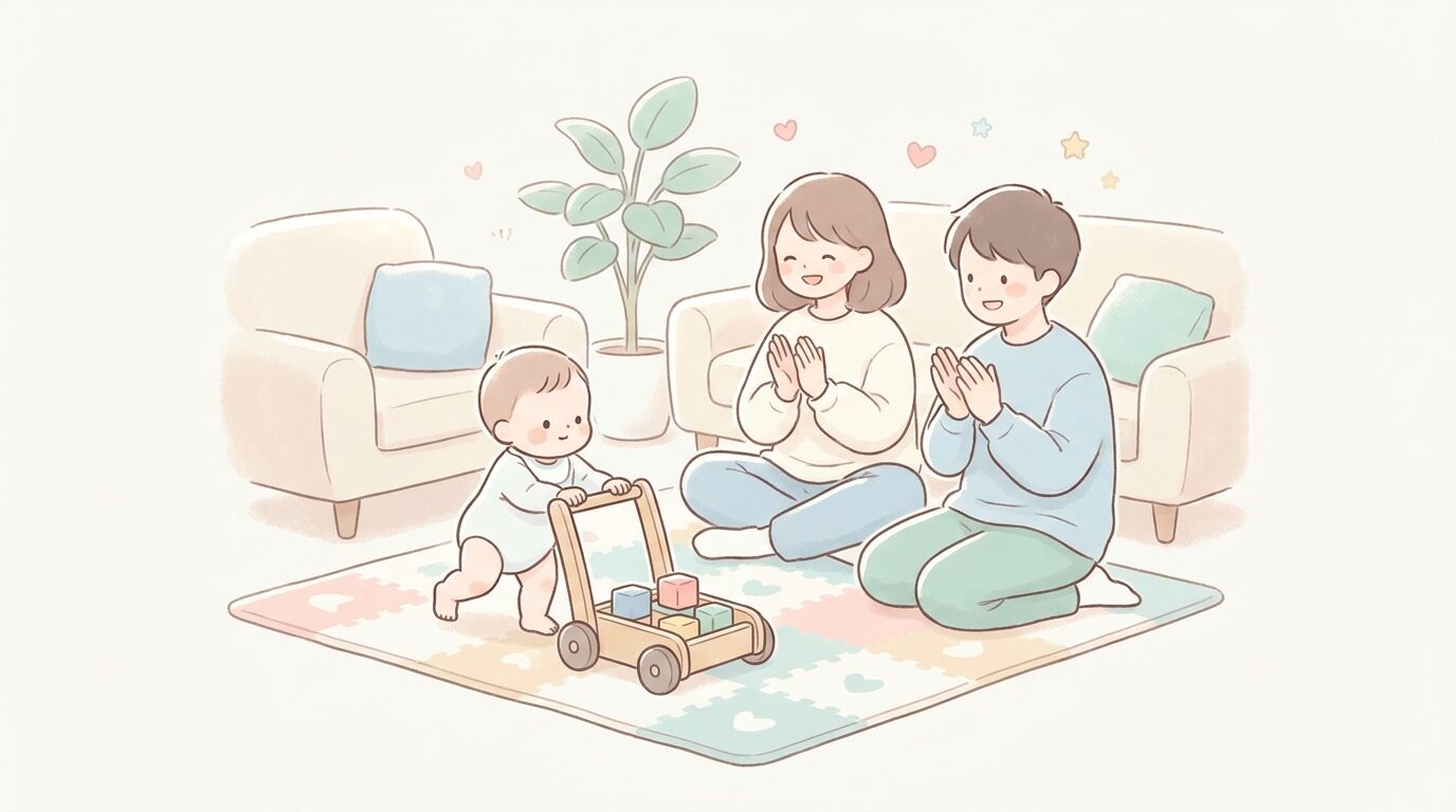 リビングのプレイマットの上で手押し車を押しながら初めての一歩を踏み出す赤ちゃんと拍手する家族