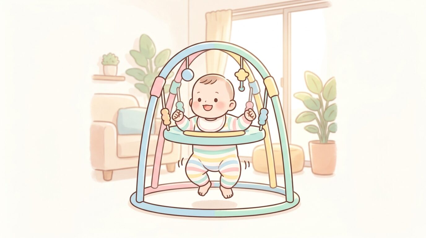 カラフルなジャンパルーの中で笑顔でジャンプする生後6か月ごろの赤ちゃん、明るいリビング