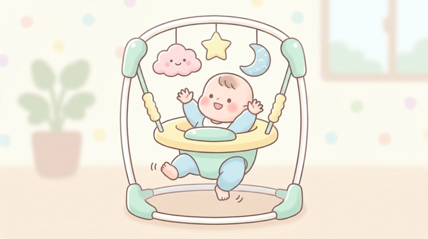 ジャンパルーで元気に足を蹴りながらおもちゃに手を伸ばす赤ちゃん