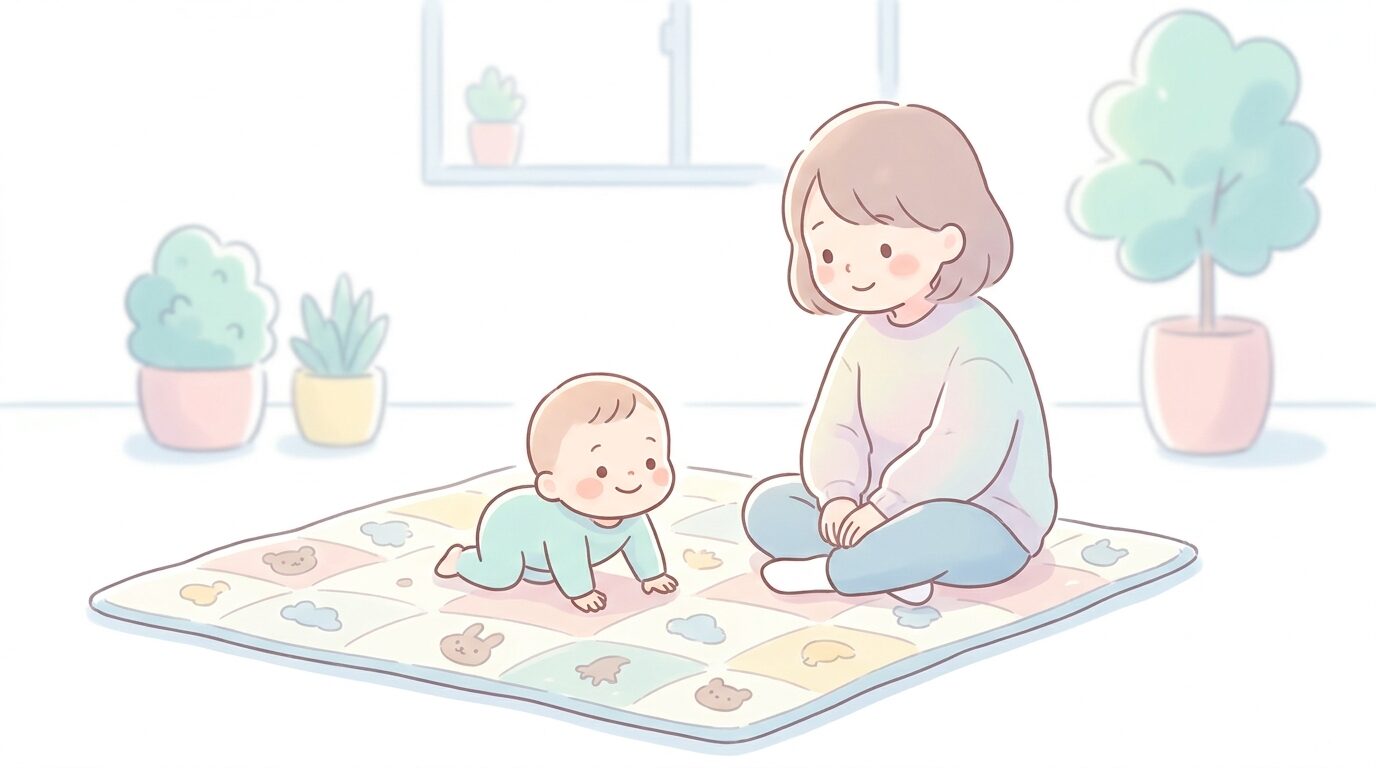 明るいリビングのプレイマットの上で笑顔でハイハイする赤ちゃんと、優しく見守る母親