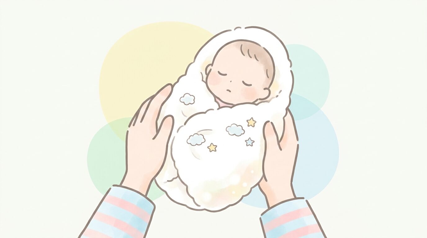 白いおくるみでふんわり包まれてすやすや眠る新生児と、優しく見守る母親の手元