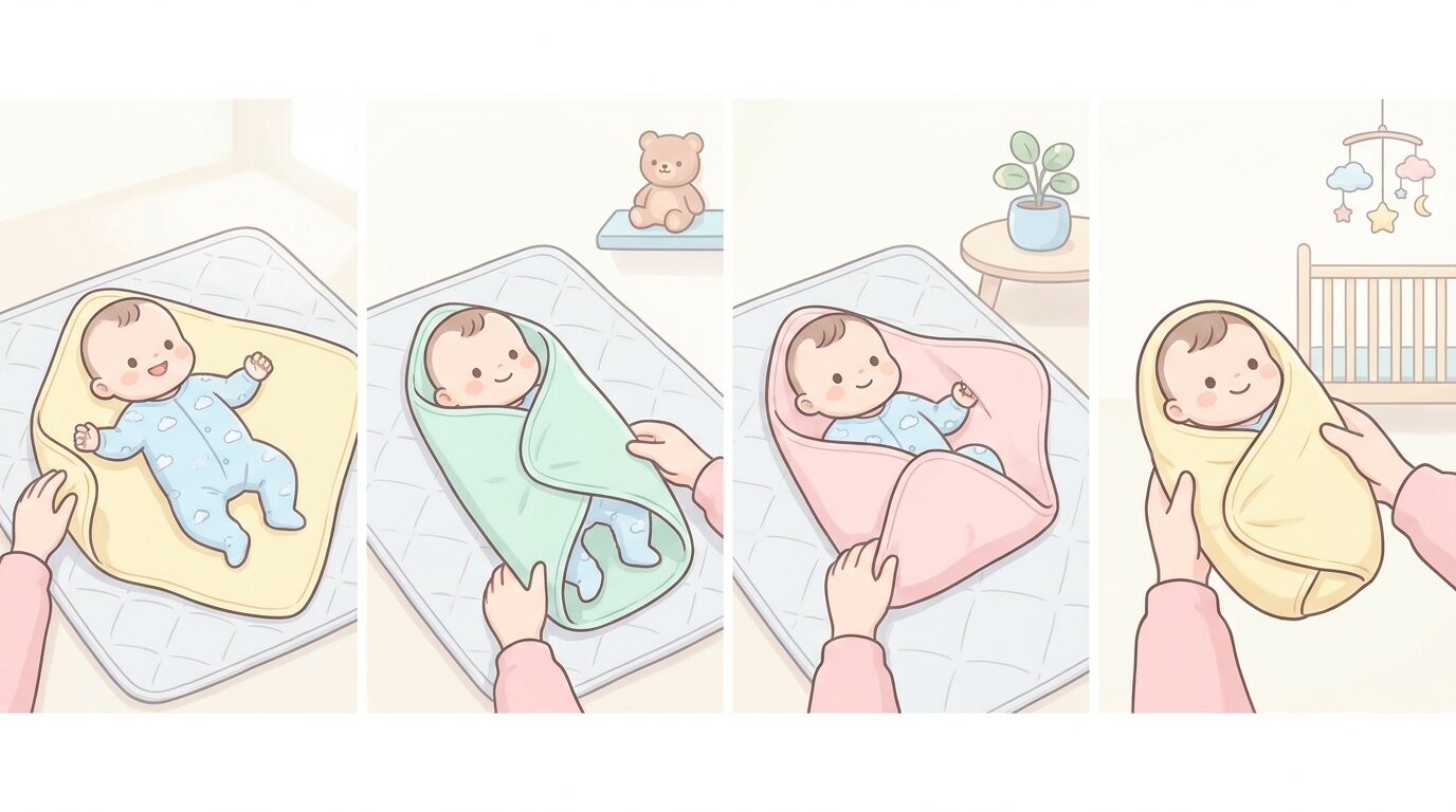 おくるみの基本巻きの手順を示す、明るい部屋で赤ちゃんを布で包んでいく様子のイラスト風の連続写真