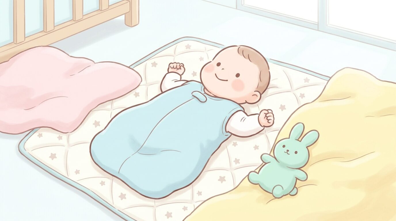 寝返りを始めた生後3ヶ月ごろの赤ちゃんが、腕を出したスリーパーを着て仰向けで笑っている様子