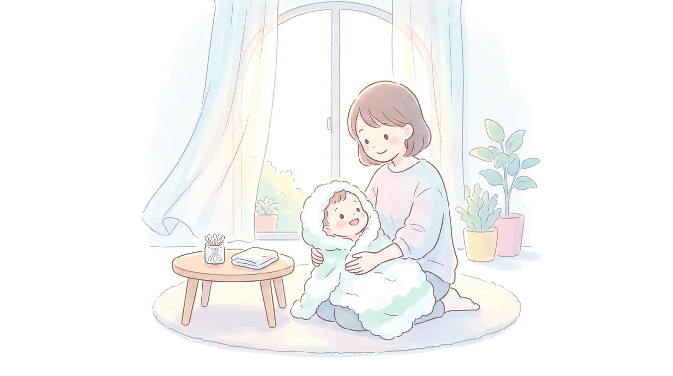 明るい部屋で沐浴後の赤ちゃんをバスタオルにくるんで優しく見つめる母親