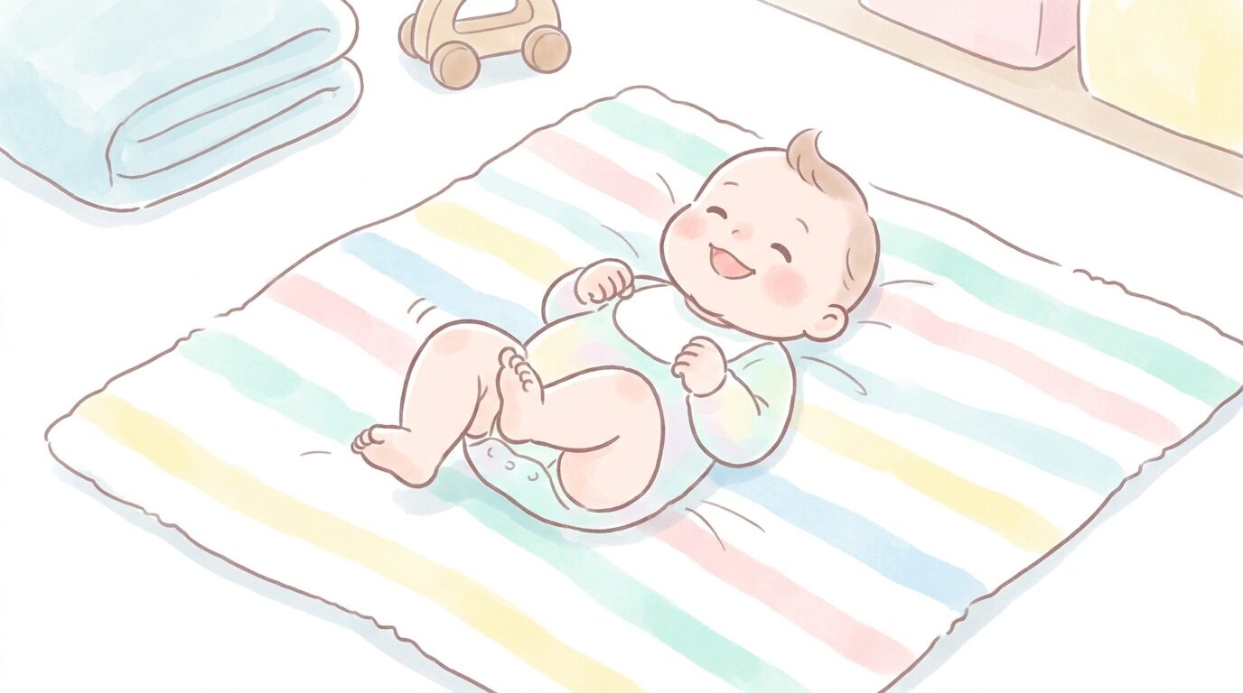 バスタオルの上で仰向けになりご機嫌な様子で笑っている生後数か月の赤ちゃん