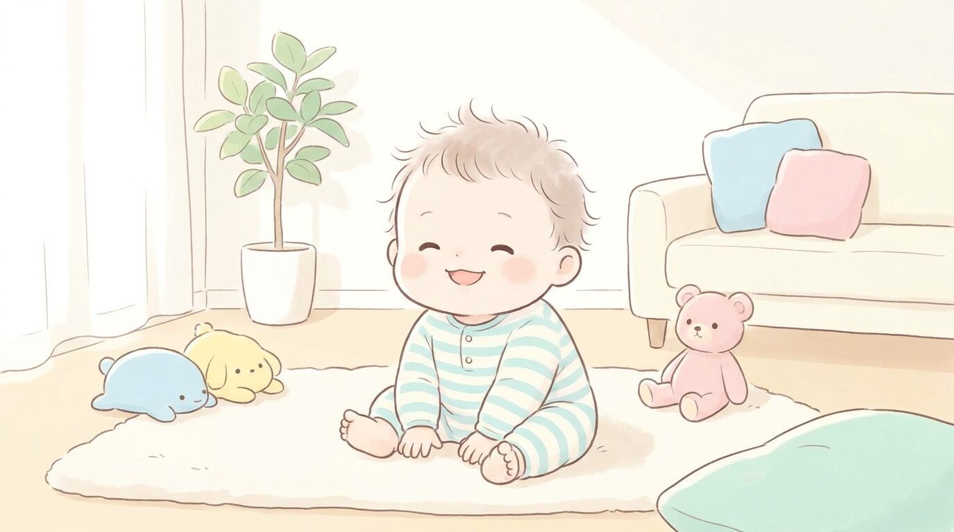 ふわふわの産毛が生えた生後半年ほどの赤ちゃんが、明るいリビングで笑っている様子