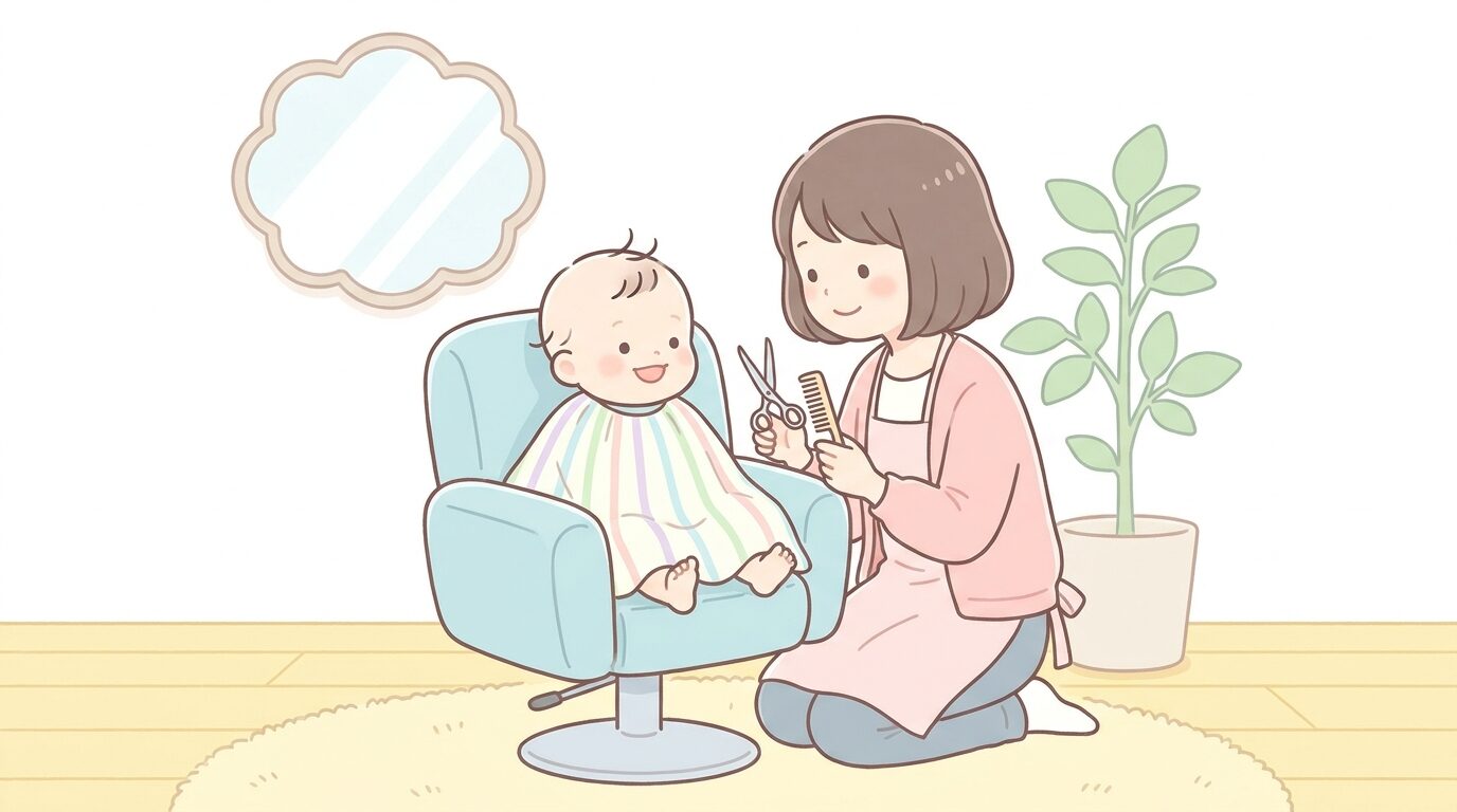 美容室のカット椅子に座り、初めての散髪を受ける1歳ごろの赤ちゃんとそれを見守る母親